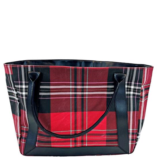 Victoria's Secret Red Black Floral Tartan Plaid Weekender Tote Bag - Picture 2 of 4